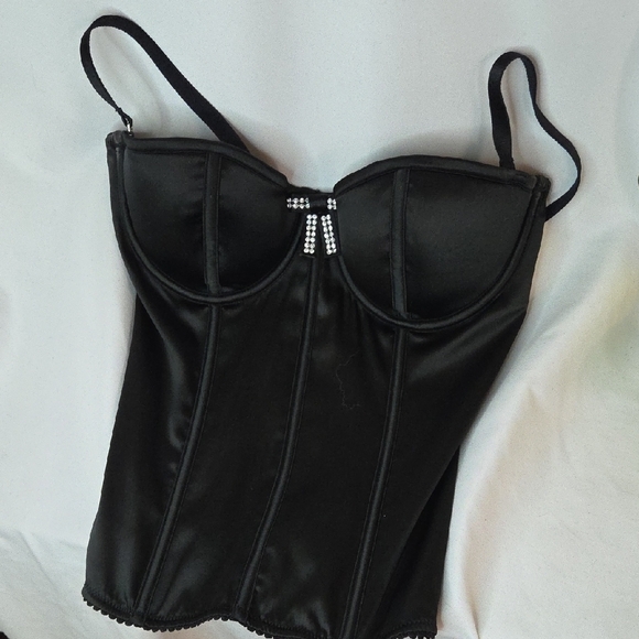 Sexy Little Things Black Bustier 34 B Zipper Corset Lingerie Bow Bling 2010s